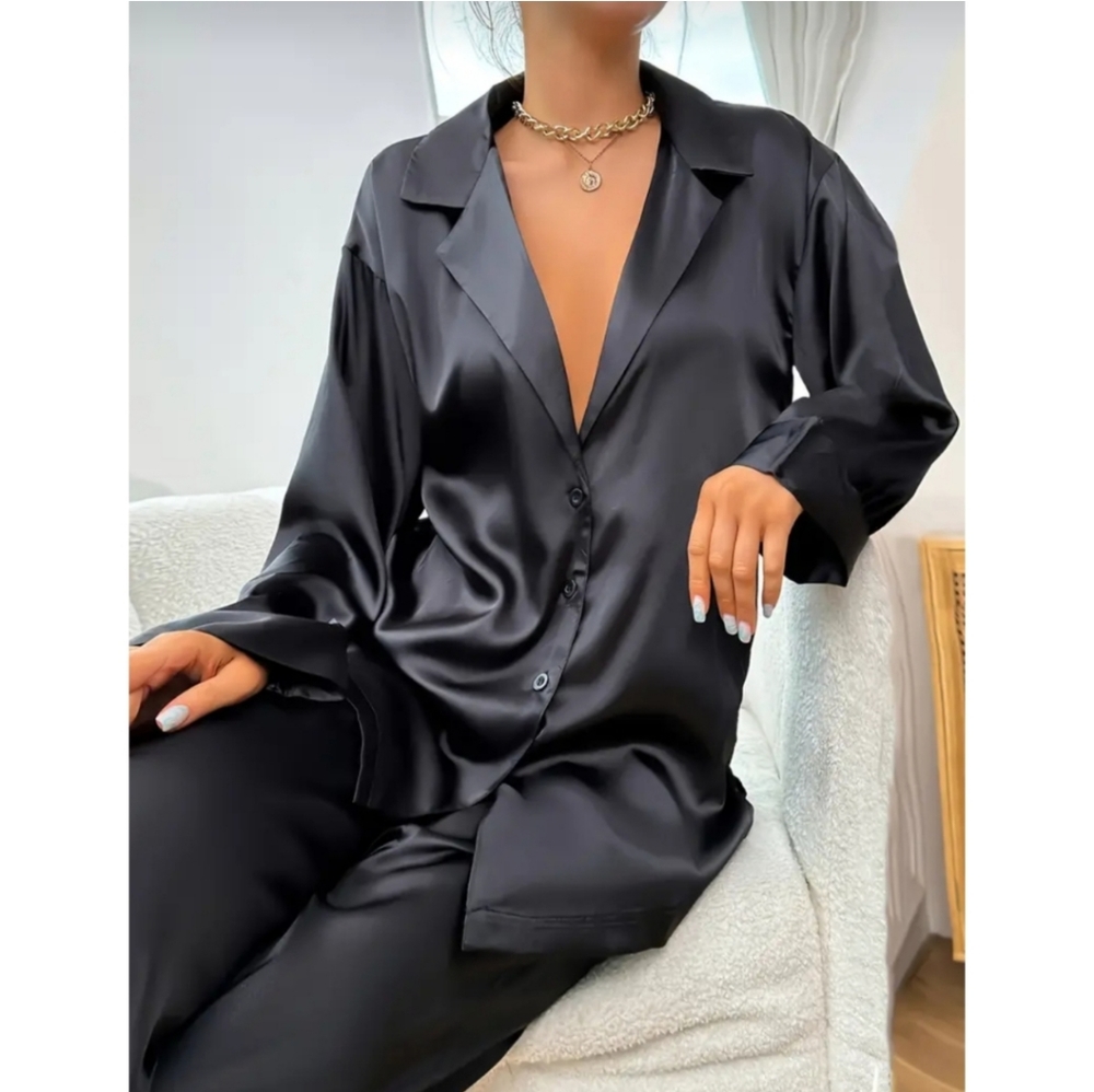 Boutique Black Satin Lounge Pants Set